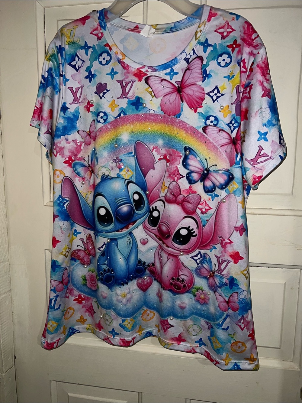 Woman Cartoon Stitch & Angel Rainbow Tee - Pink & Blue
